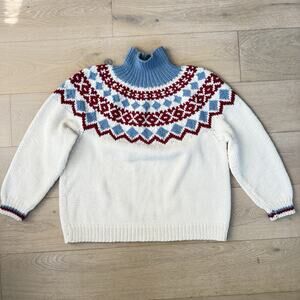 Vintage Icelandic Fair Isle Sweater Handmade White Blue Red Yolk L Non Wool